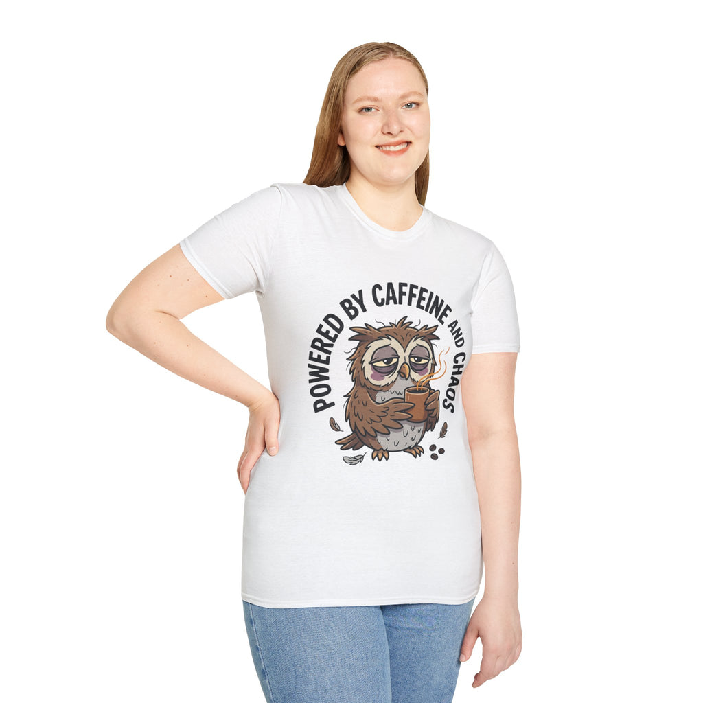 T‑Shirt — "Powered by Caffeine and Chaos" Cute Sleepy Owl Graphic Tee