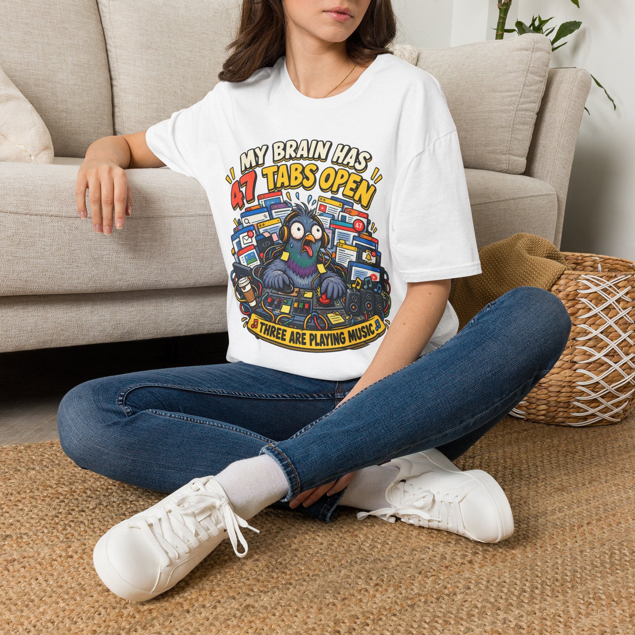 My Brain Has 47 Tabs Open — Funny Pigeon Graphic T-Shirt