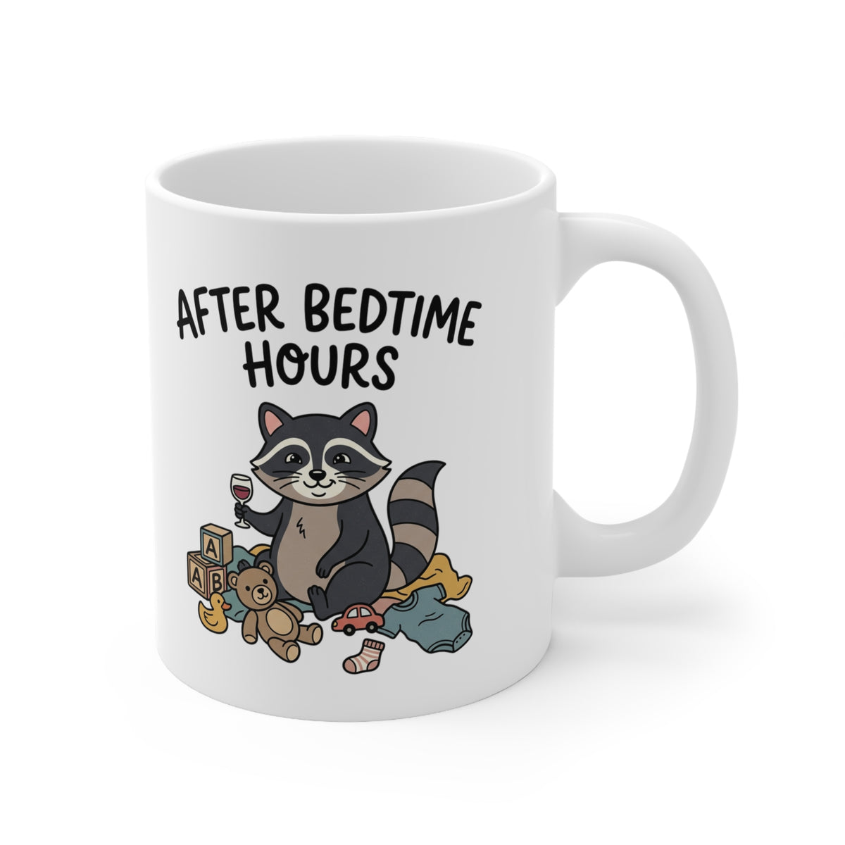 Funny Baby Raccoon Ceramic Mug – “After Bedtime Hours” 11oz Coffee Mug