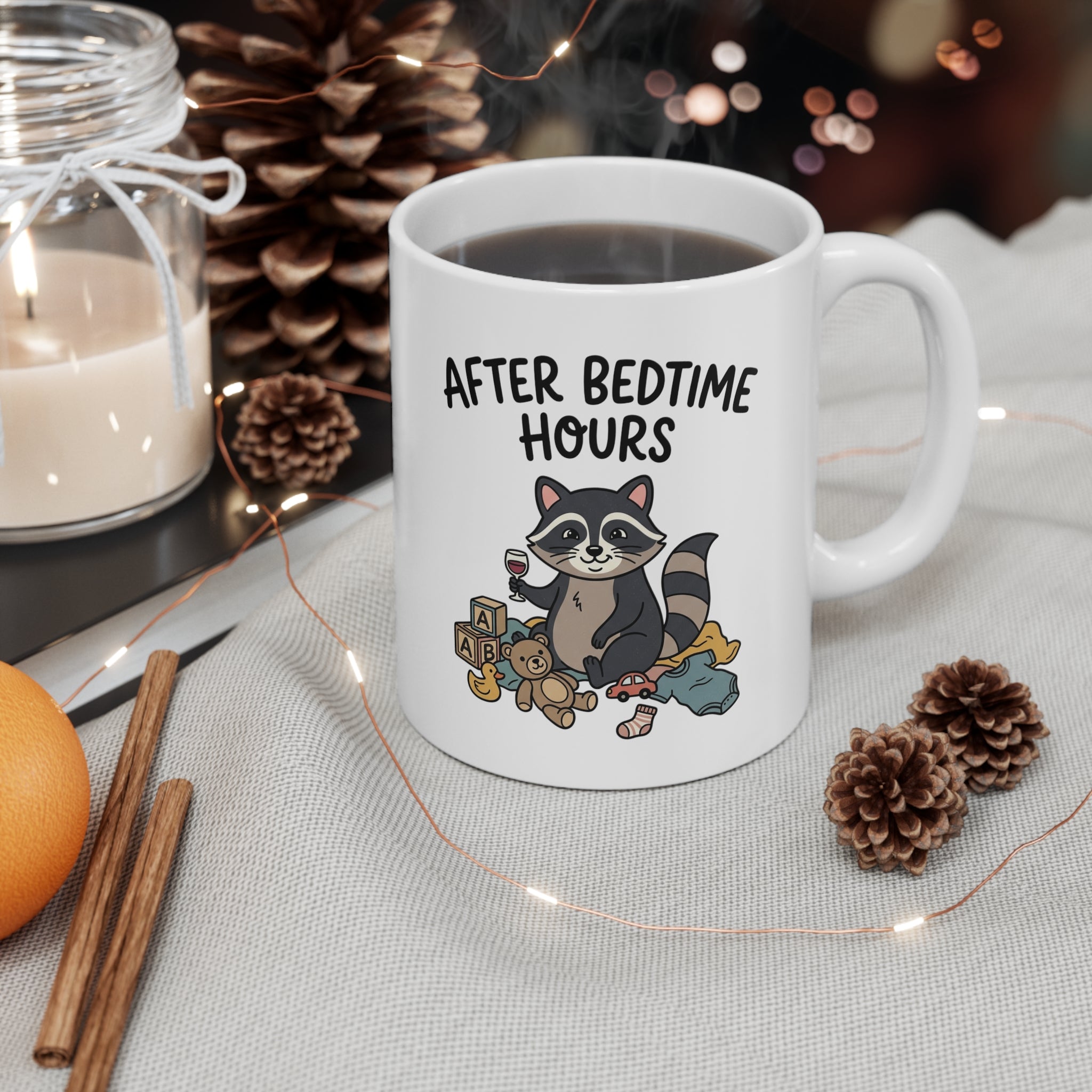 Funny Baby Raccoon Ceramic Mug – “After Bedtime Hours” 11oz Coffee Mug