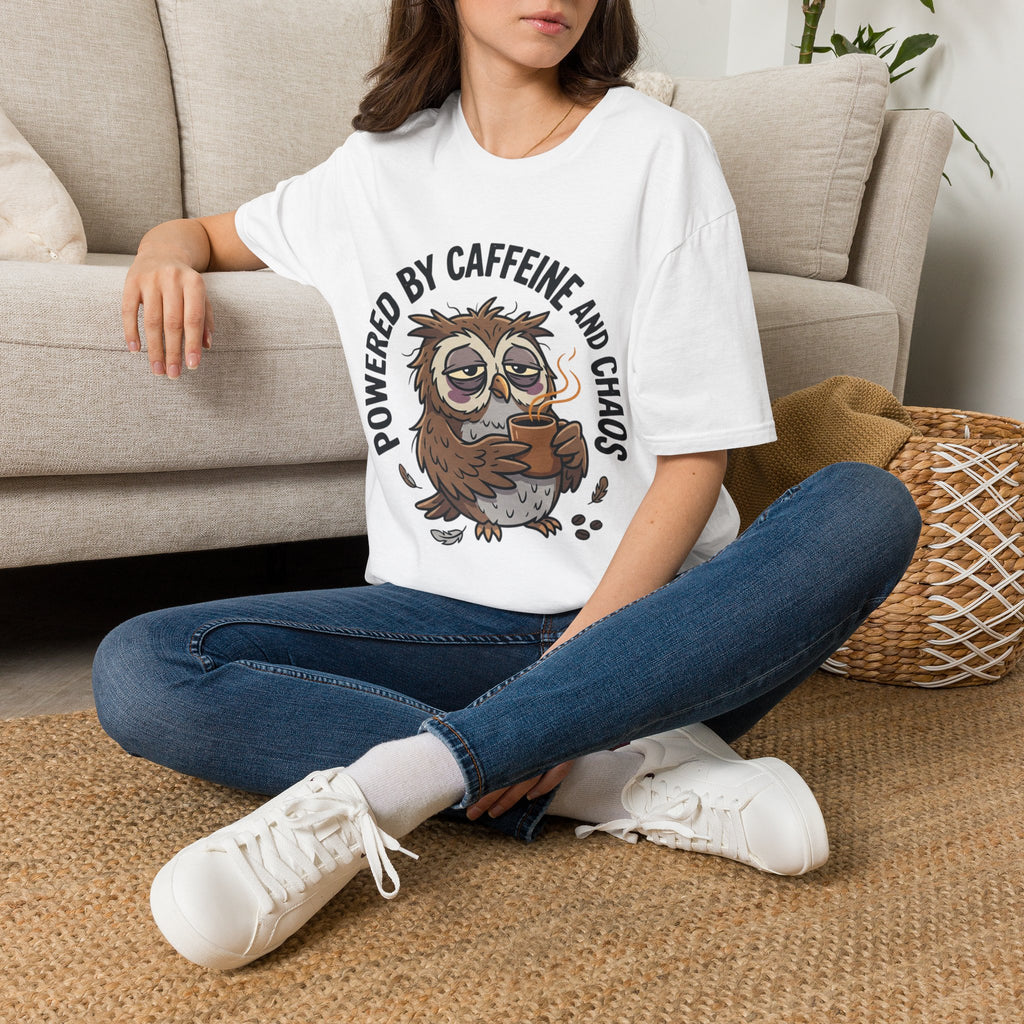 T‑Shirt — "Powered by Caffeine and Chaos" Cute Sleepy Owl Graphic Tee
