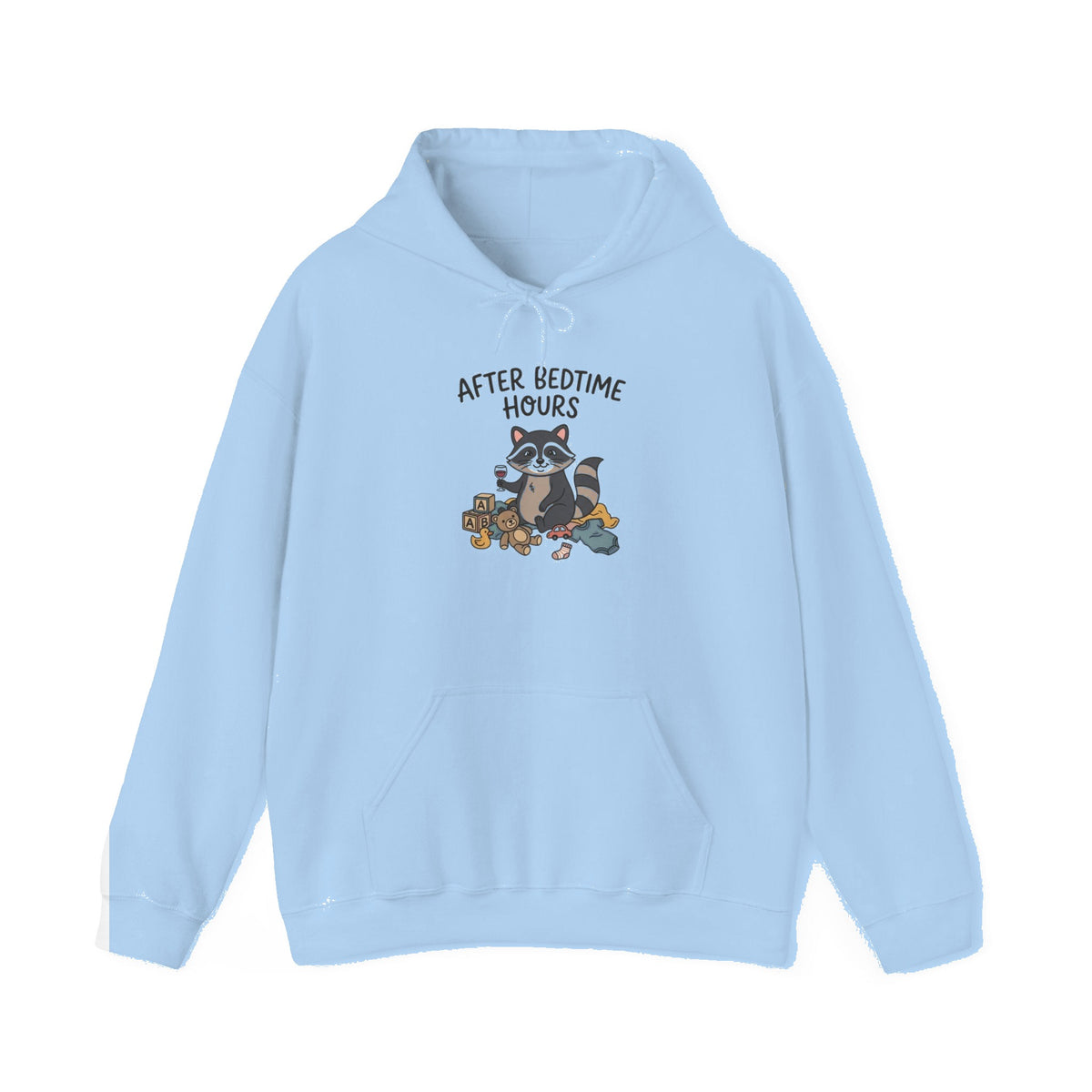 After Bedtime Hours Hoodie — Cute Raccoon Snack Night Graphic Hooded Sweatshirt - Light Blue mockup