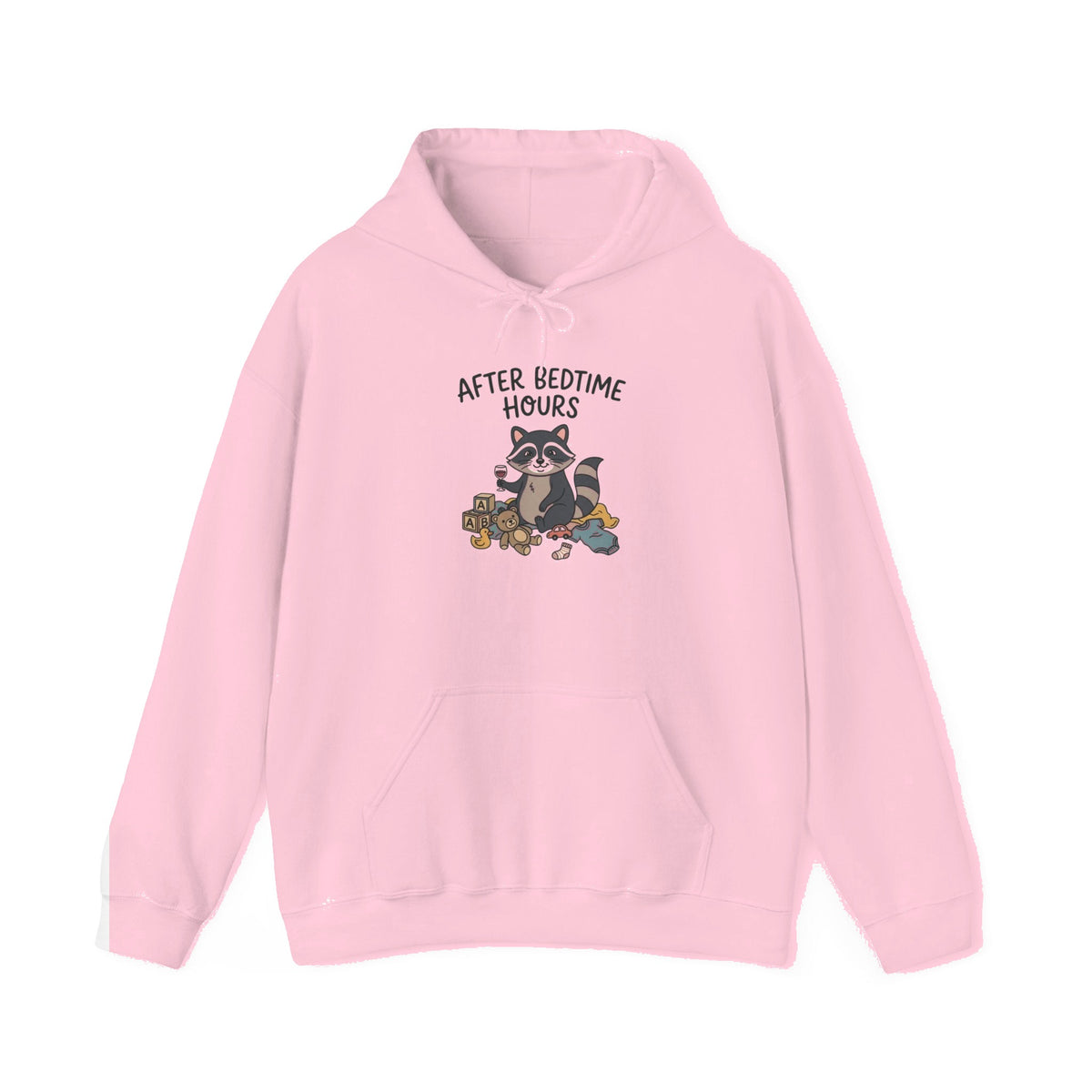 After Bedtime Hours Hoodie — Cute Raccoon Snack Night Graphic Hooded Sweatshirt - Light Pink mockup