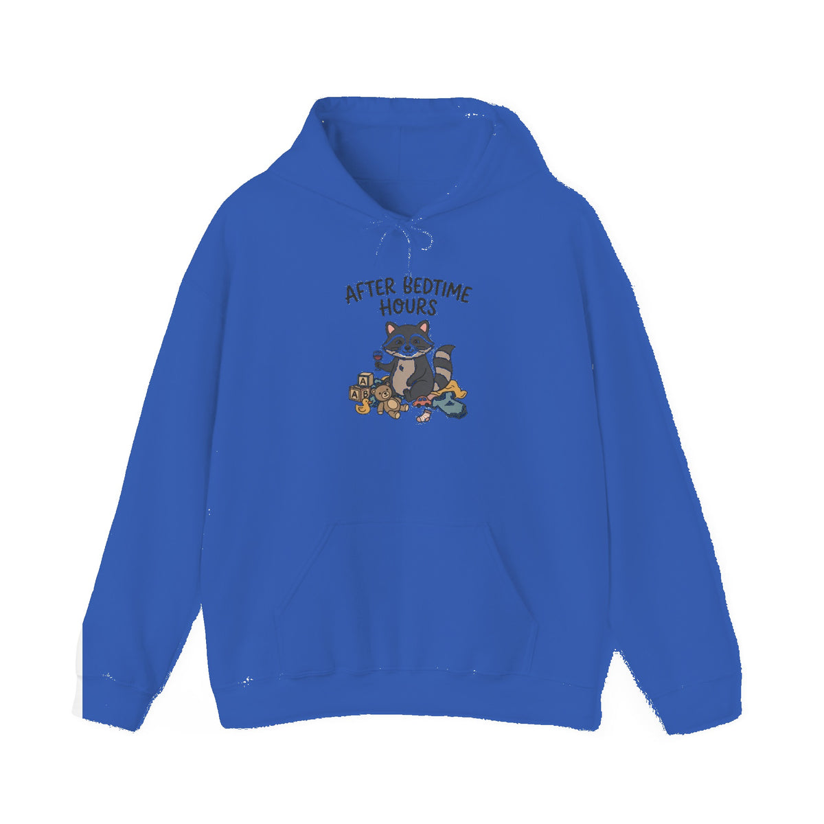 After Bedtime Hours Hoodie — Cute Raccoon Snack Night Graphic Hooded Sweatshirt - Royal mockup