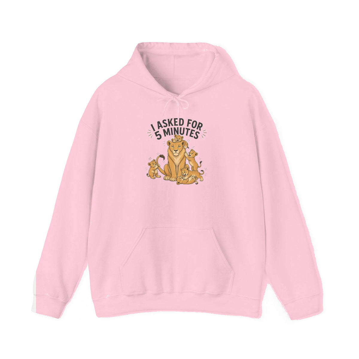 Hoodie — "I Asked for 5 Minutes" Funny Lioness Graphic Hoodie - Light Pink mockup