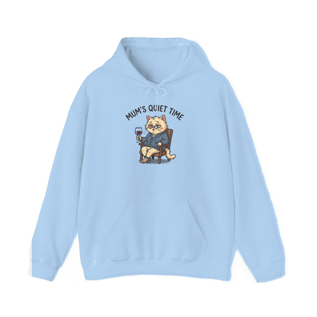 Hoodie — "Mum's Quiet Time" Cat with Wine Cozy Pullover - Light Blue mockup