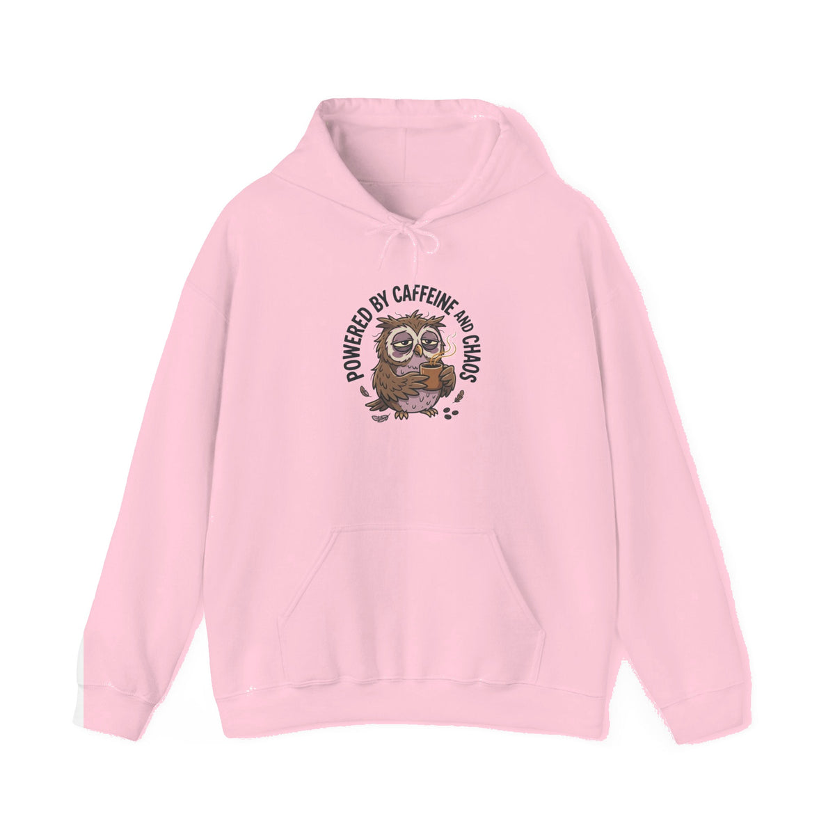 “Owl Powered” Hoodie - "Powered by Caffeine and Chaos" Cozy Graphic Sweatshirt - Light Pink mockup