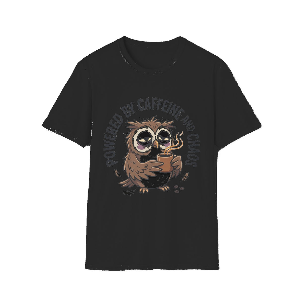 T‑Shirt — "Powered by Caffeine and Chaos" Cute Sleepy Owl Graphic Tee - Black mockup