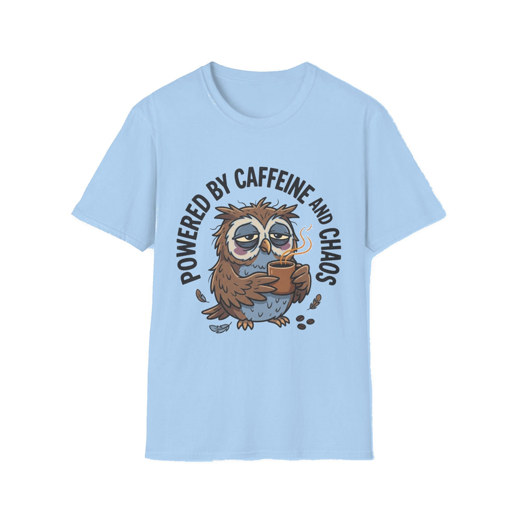 T‑Shirt — "Powered by Caffeine and Chaos" Cute Sleepy Owl Graphic Tee - Light Blue mockup