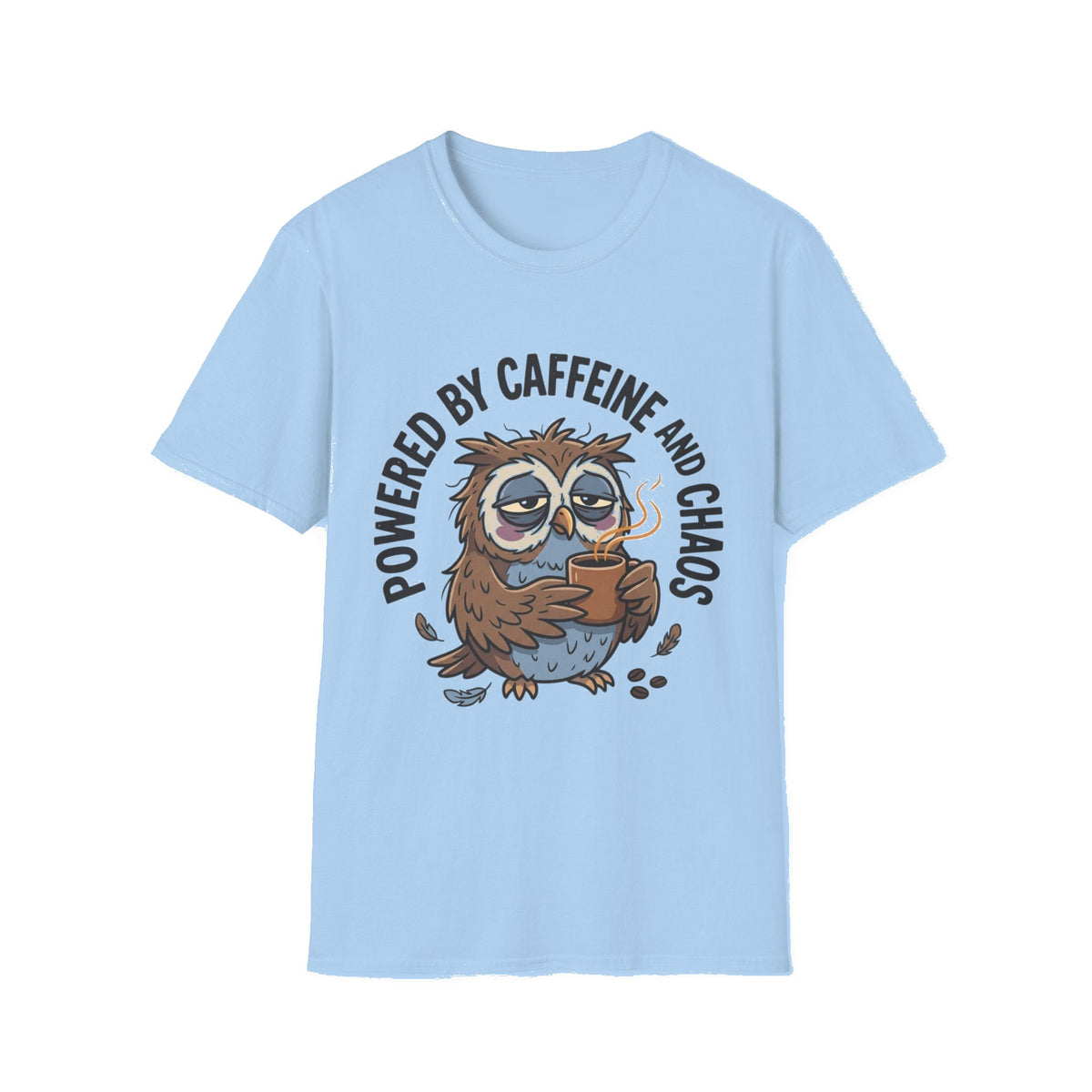 T‑Shirt — "Powered by Caffeine and Chaos" Cute Sleepy Owl Graphic Tee - Light Blue mockup