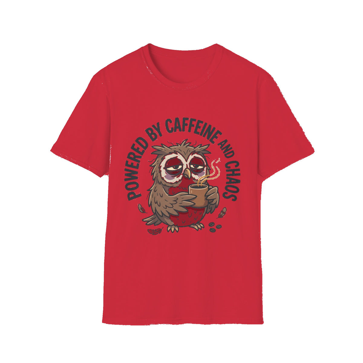 T‑Shirt — "Powered by Caffeine and Chaos" Cute Sleepy Owl Graphic Tee - Red mockup