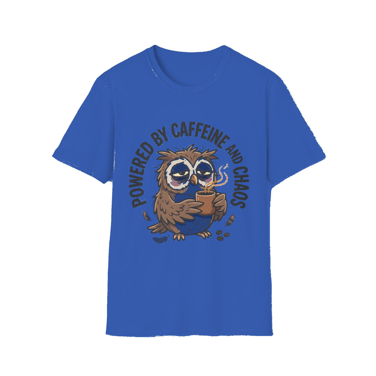 T‑Shirt — "Powered by Caffeine and Chaos" Cute Sleepy Owl Graphic Tee - Royal mockup
