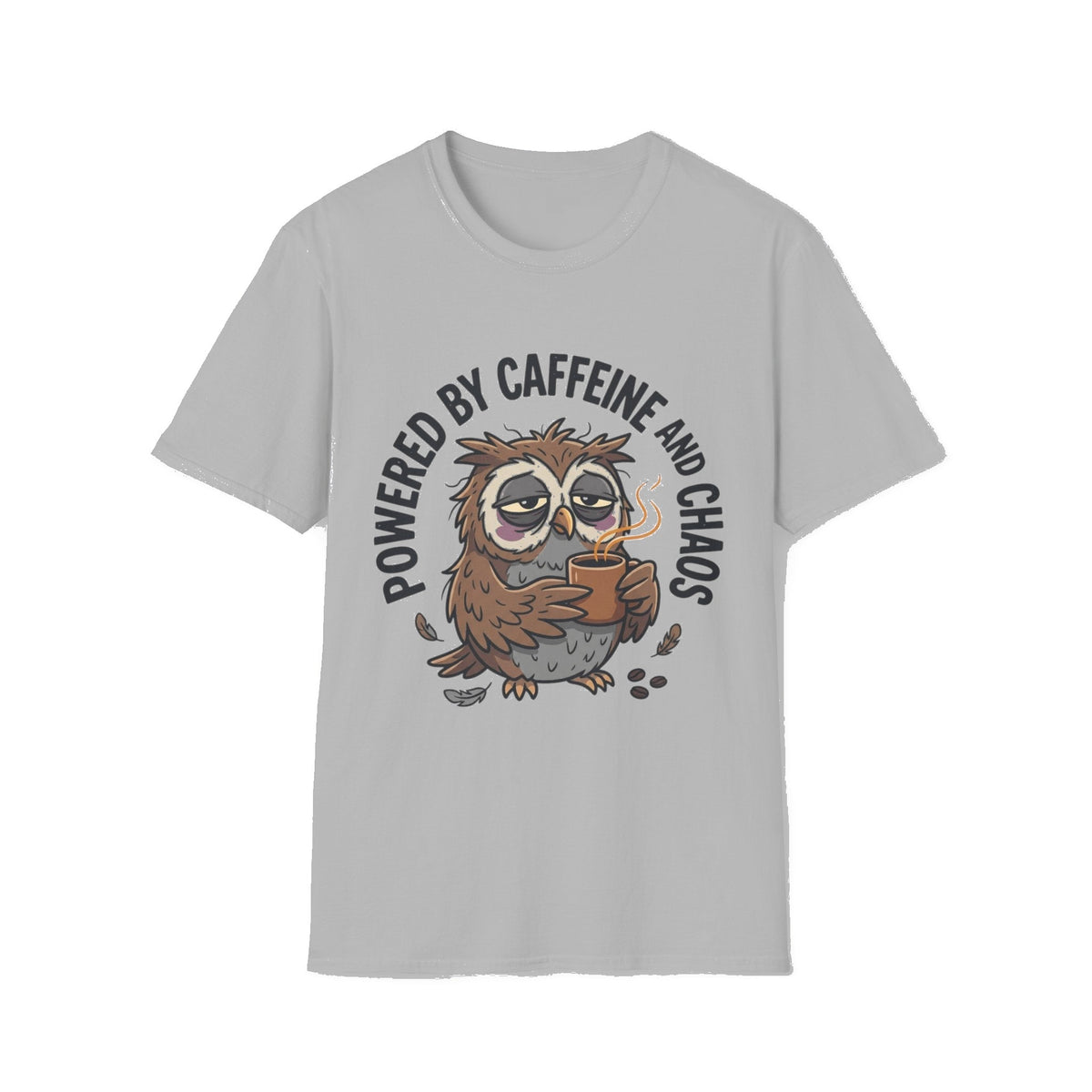 T‑Shirt — "Powered by Caffeine and Chaos" Cute Sleepy Owl Graphic Tee - Sport Grey mockup