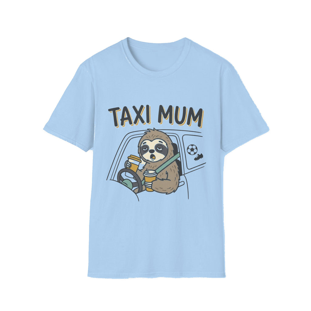 Taxi Mum T‑Shirt — Cute Sloth 'Taxi Mum' Graphic Tee for Busy Moms - Light Blue mockup