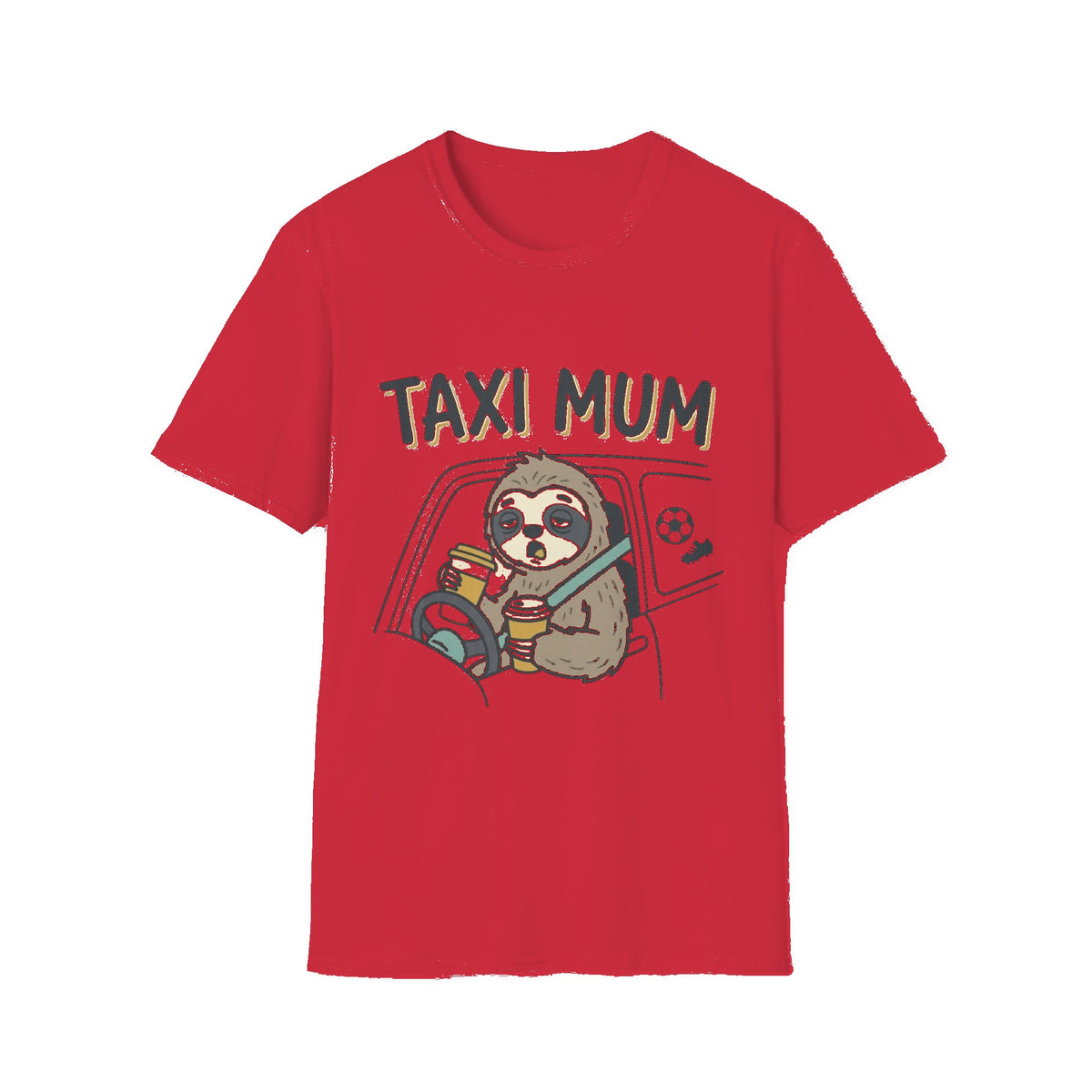 Taxi Mum T‑Shirt — Cute Sloth 'Taxi Mum' Graphic Tee for Busy Moms - Red mockup