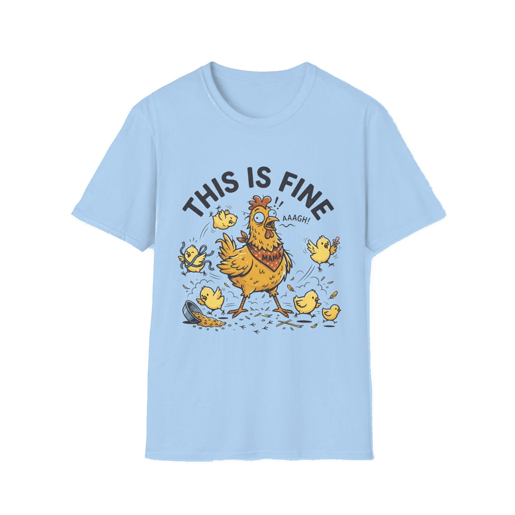 This Is Fine Chicken T-Shirt — Funny Stressed Hen Graphic Tee - Light Blue mockup
