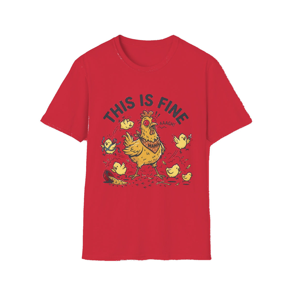 This Is Fine Chicken T-Shirt — Funny Stressed Hen Graphic Tee - Red mockup