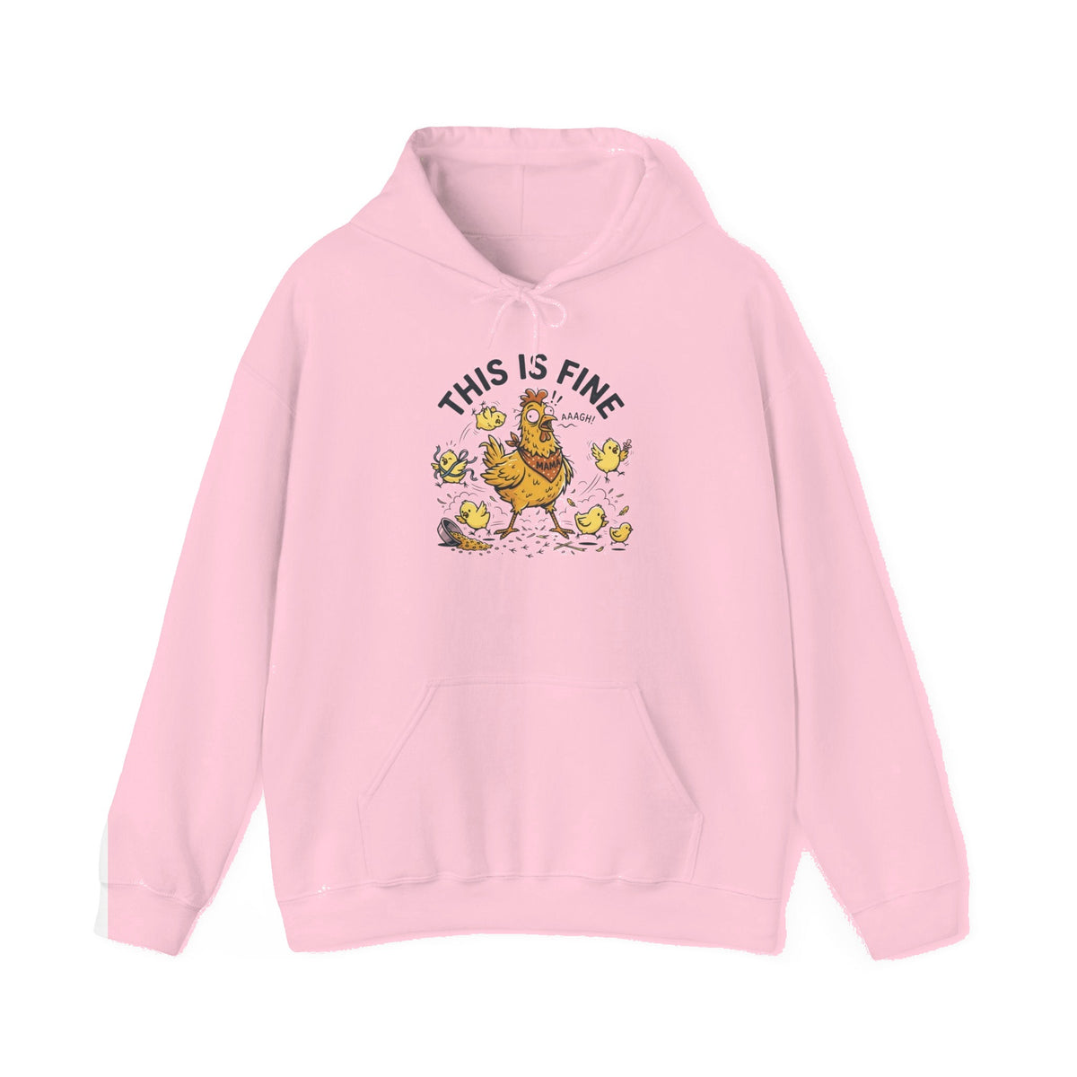 This Is Fine Hoodie — Funny Chicken in Chaos Graphic Pullover - Light Pink mockup